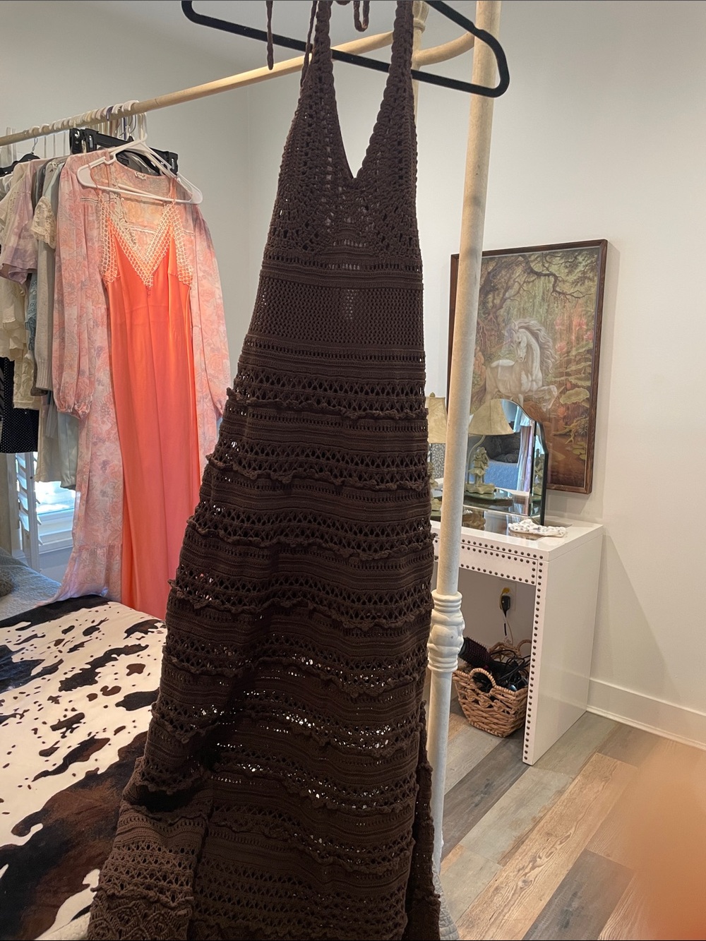 Source Unknown Brown Crochet Halter Maxi Dress